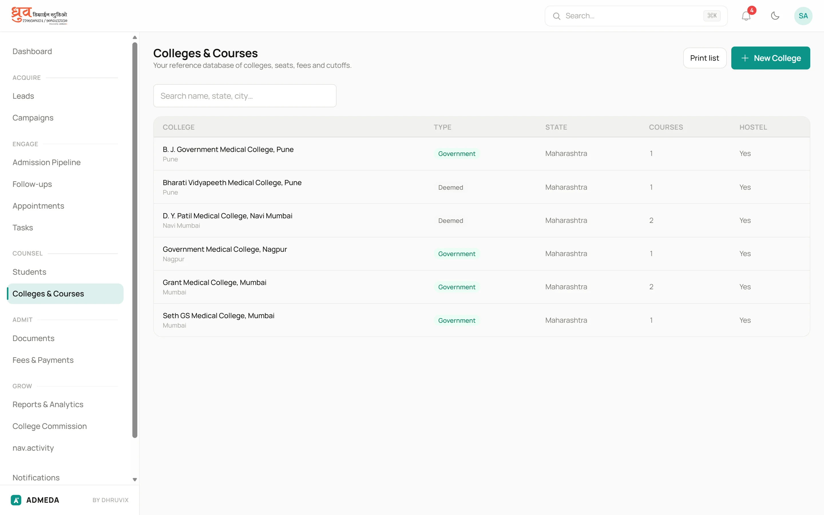 Colleges and courses